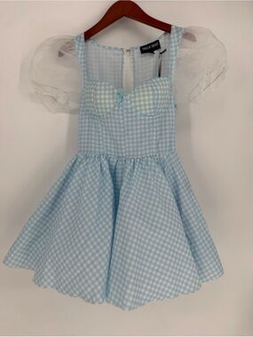 Dolls Kill Blue Gingham Puff Sleeve Mini Dress